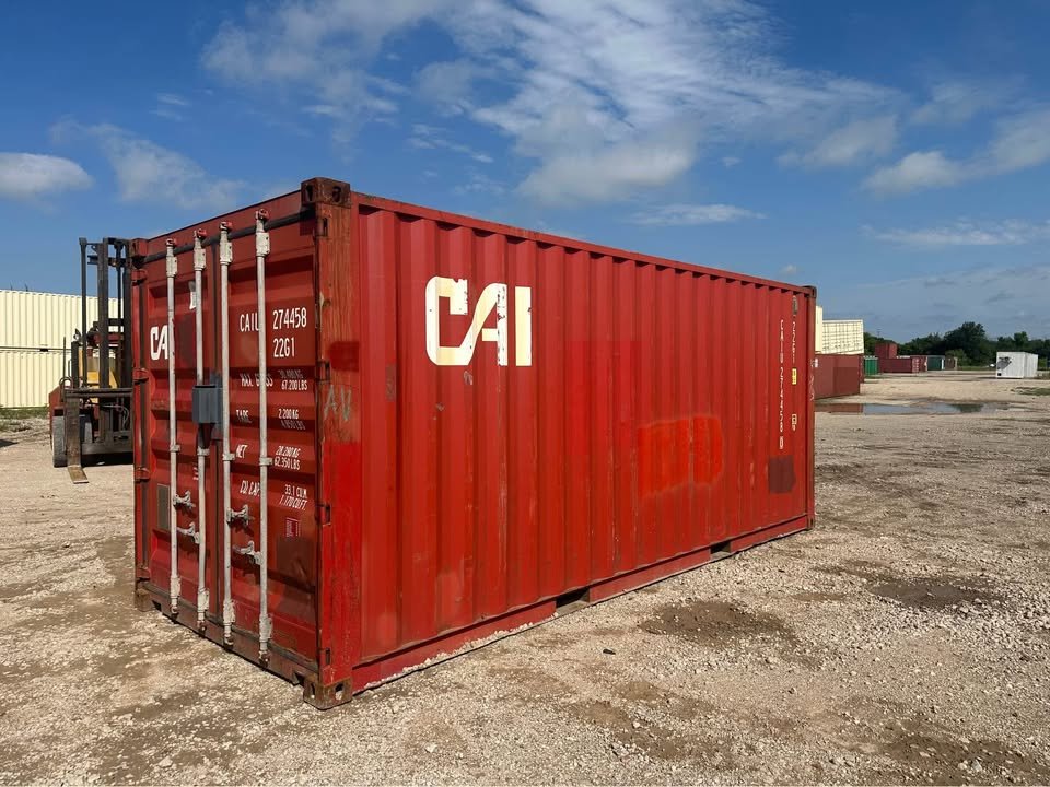 507343333_1270733228029838_8092047256396770654_n 20ft Used Shipping Container – RED with Custom Lock Box - Image 1